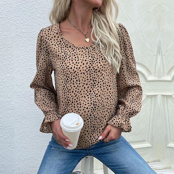 

women's blouses & shirts spring autumn fashion round neck pullover bottoming shirt leopard print long sleeve camisas de mujer, White