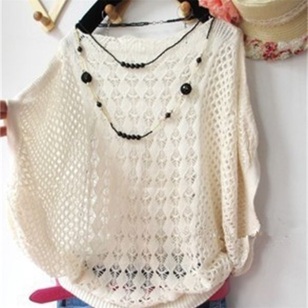 

and summer korean loose hollow bat shirt collar sweater thin air conditioning smock 210527, White