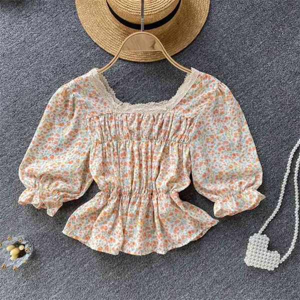 

women's fashion summer sweet square neck short sleeve slim chiffon shirt blusas rojas mujer blouse s834 210527, White