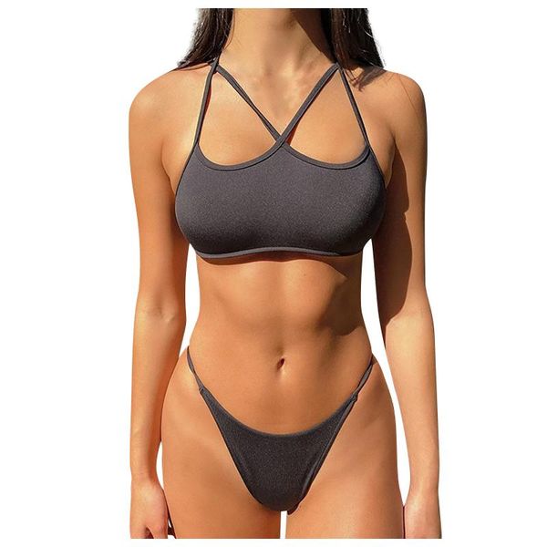 

women's swimwear solid bikini 2021 summer swimsuit women color strap cross split beach wear, White;black