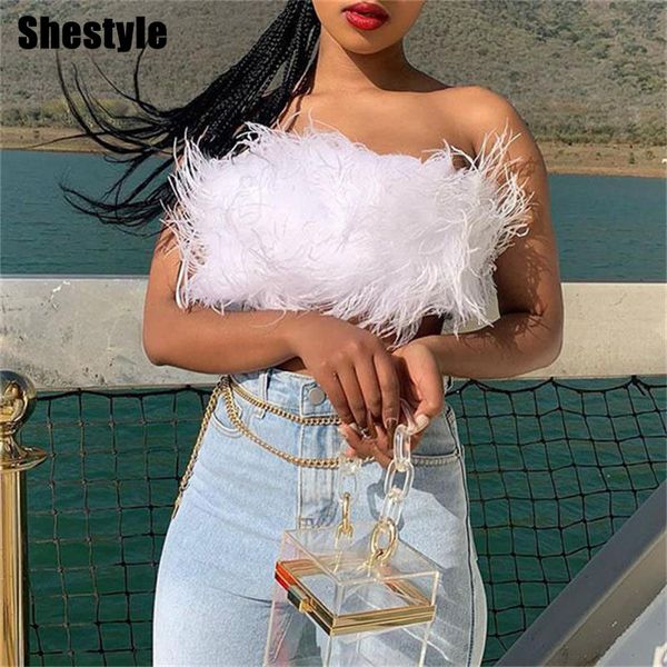 

shestyle strapless tube 2021 women faux fur white pure backless cute off shoulder stylish crop camisoleby air, Black;white