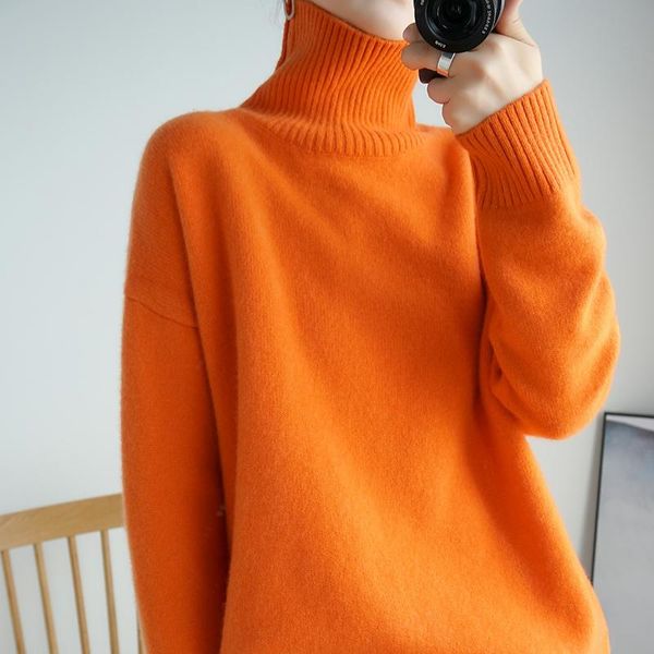 

women's turtleneck sweater loose thick knitted bottoming shirt korean version was thin outside wear pure wool sweaters, White;black