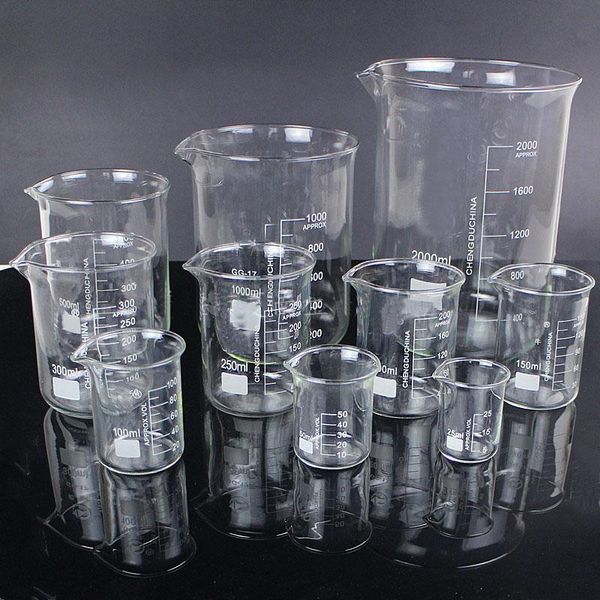 

lab supplies 1 lot 25ml to 1000ml low form beaker chemistry laboratory glass transparent flask thickened with spout