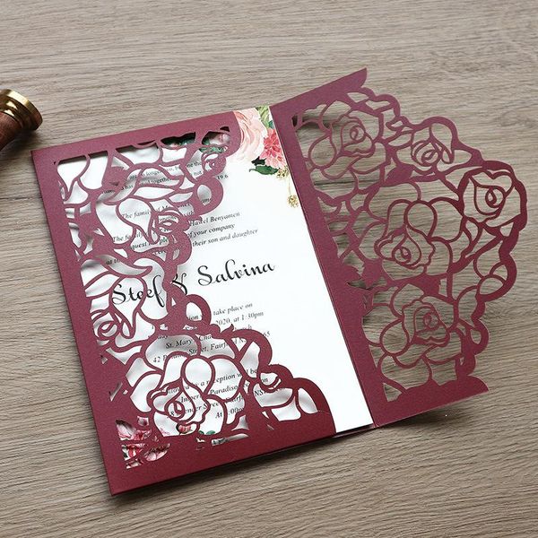 

greeting cards (10 pieces/lot) laser cut rose burgundy pocket wedding invitation card pink birthday engagement invite ic150