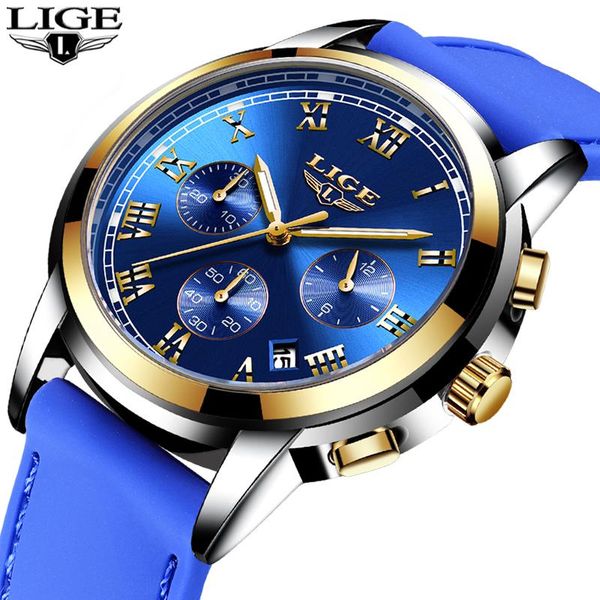 

wristwatches lige fashion mens watches multi-function dial sports watch men date waterproof quartz clock relogio masculino, Slivery;brown