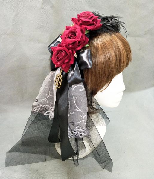 

hair accessories sweet lolita pink rose blossoms wedding bowknot kc headband feather gothic veil headdress accessory