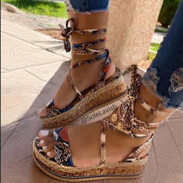 

sandals fashion women summer 2021 snake wedge shoes ethnic print casual lace up beach ladies sandalias, Black