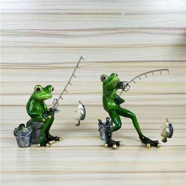 Angeln Frosch Figur Harz Angler Miniatur Garten Tier Outdoor Hobby Souvenir Handwerk Neuheit Dekor Ornament Zubehör 210924