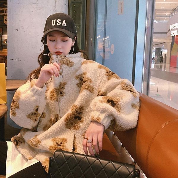 

women's hoodies & sweatshirts cute bear women oversized couple chic zip up loose thick warm fleece coat harajuku casual pullovers cloth, Black