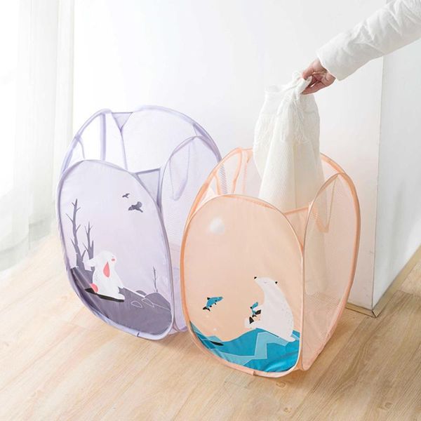 

laundry bags household foldable cartoon large capacity dirty clothes basket hamper cloth nets storage organizer bucket with lanyard