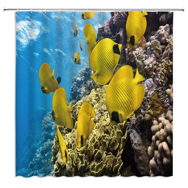 

ocean fish shower curtain decor nature scenic of tropical fish reef sea animal marine gifts women men kids yellow fabric bath