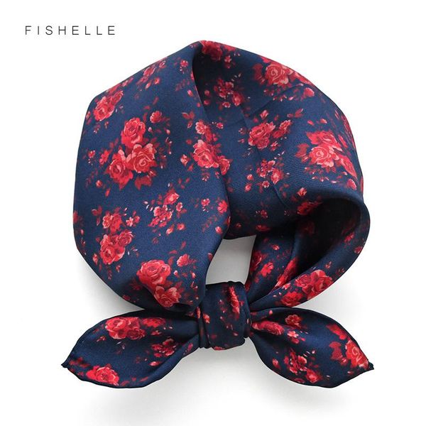 

scarves deep blue printed red flower bandana silk twill scarf for women 100% real 50cm small square shawl ladies headband, Blue;gray