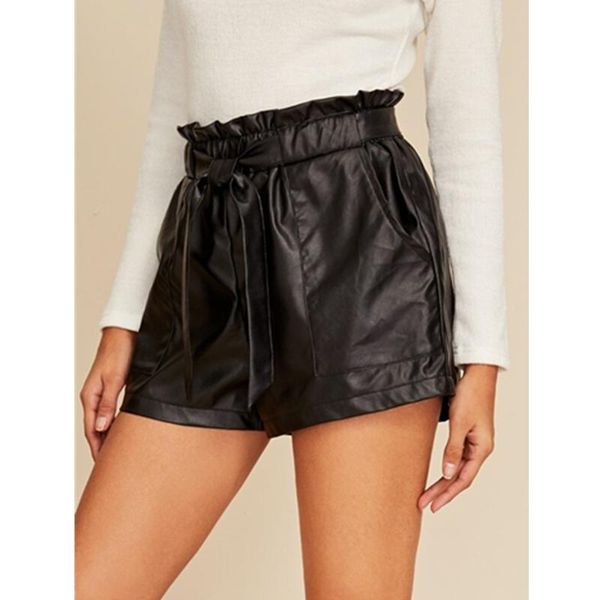 

women's shorts 2021 women black pu leather pvc wet look high waist ruffle lace up ladies bottom short trousers plus size, White;black