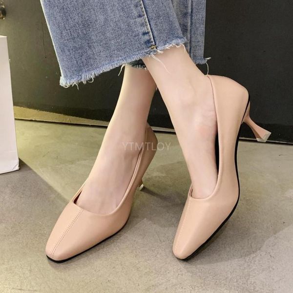 

2021 new genuine leather square toe high heels design beauty lady spring basic women pumps zapatos de mujer tacon, Black