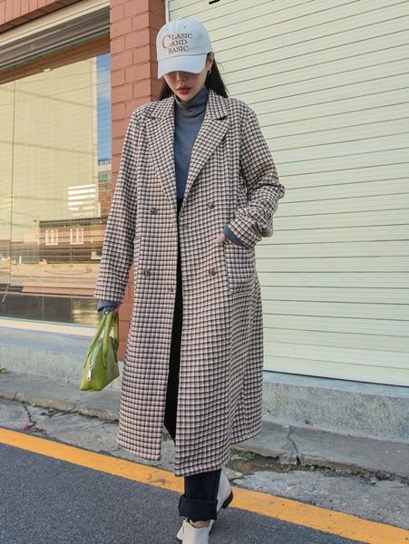 

dazy plaid print double breasted pocket patched overcoat e9nj#, Black