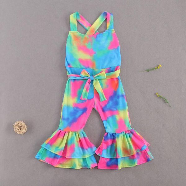 

toddler baby girls kids tie dye jumpsuits 2021 summer sweet sleeveless backless bandage bodycon rompers 1-6y, Blue
