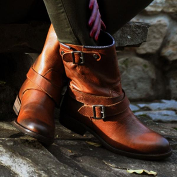 

boots spring/autumn 2021 women ankle belt buckle low heel square women's leather platform shoes for woman, Black