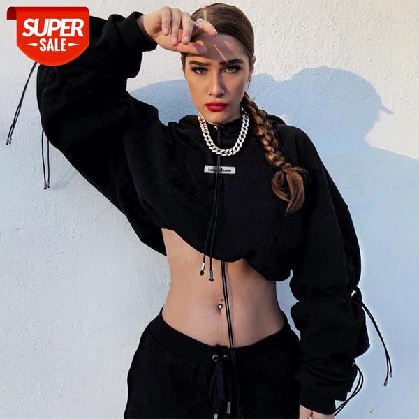 

women trendy embroidery loose hoodies long lantern sleeve casual hooded crop sweatshirt for ladies daily streetwear #kx42, Black