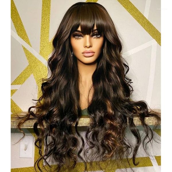 

malaysia highlight loose wave 13x6 lace front human hair wigs with bangs 180density glueless fringe full remy1, Black;brown