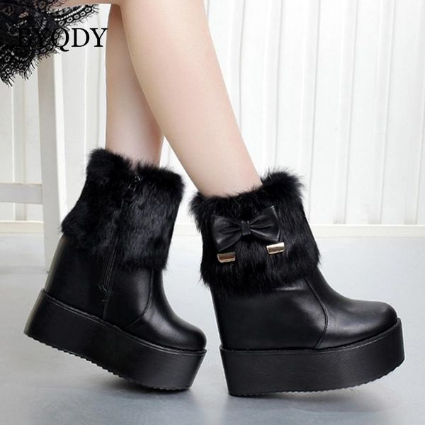 

boots byqdy women autumn winter warm fashion pu zip ankle snow plush black short waterproof metal decoration shoes
