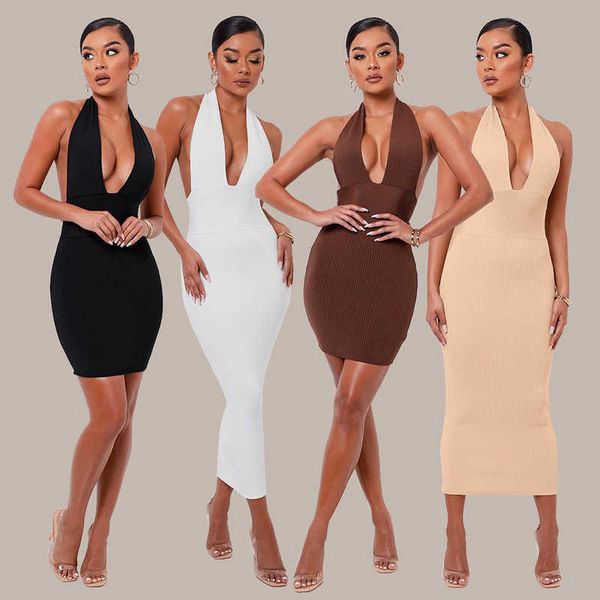 

deep v low cut party bodycon dress women halter hollow out bandage long dresses backless high wais knit vestidos robe femme 210526, Black;gray