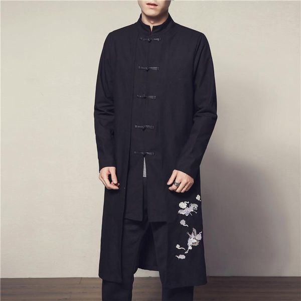 

men's trench coats men long jackets 2021 spring mens printed linen coat male chinese style fake 2 pieces cardigan kimono windbreaker, Tan;black