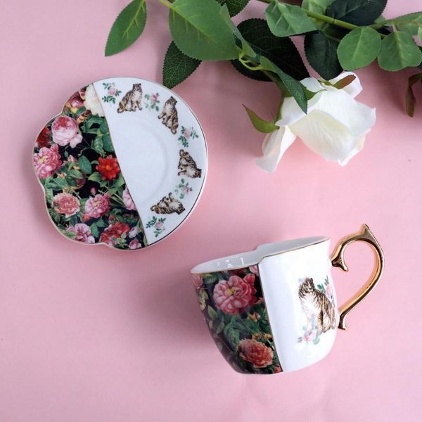 

cups & saucers tiger flower coffee cup retro luxury gold edge mug with dish funny set afternoon ceramic irregular tea tumbler