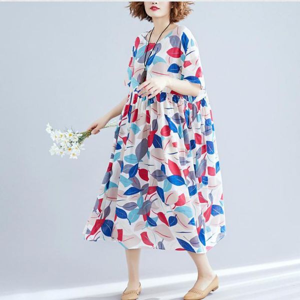 

johnature summer dress casual knee-length loose print regular dress short o-neck natural cotton women dress 210521, Black;gray