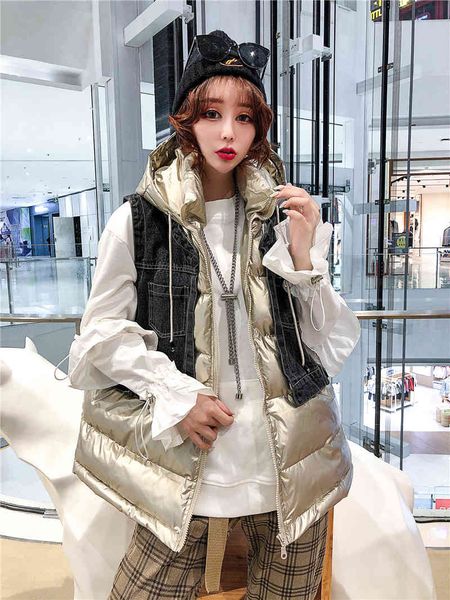 

leather denim short cotton woman's waistcoat european season and winter fashion jacket couture with hood down vest y675 shelters hfff, Black