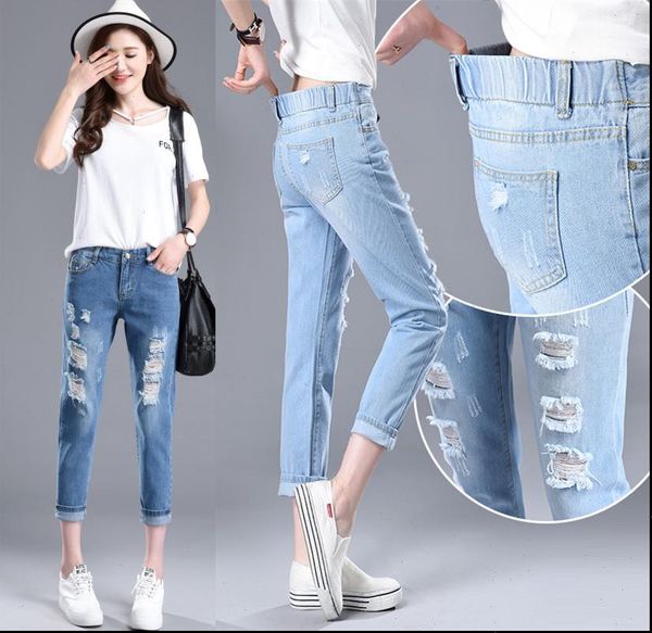 

stretch elastic womens jean high waist broken torn ripped jeans fashion woman denim pants trousers femme wholesale, Blue