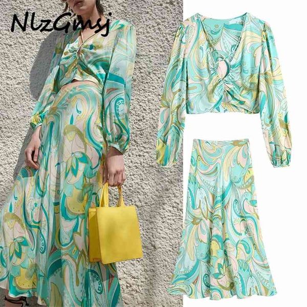

set casual blouse+skirt high waist print vintage summer spring 2 pieces set fashion 05 210628, White
