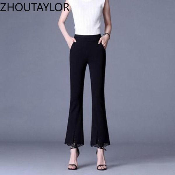 

women's pants & capris zhoutaylor women office lady elastic waist ankle-length bottoms feamle fashion solid pockets flare trouser femme, Black;white