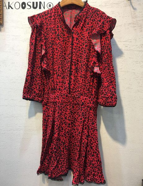

casual dresses red leopard print short dress stand collar with black lace long sleeves ruffled fashion woman, Black;gray