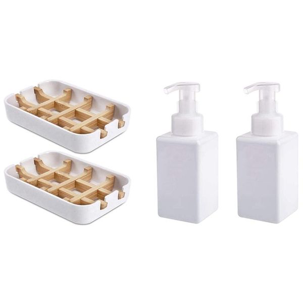 

soap dishes 2 pack bamboo for bathroom bar holder with 450 ml dispenser, plastic pump dispenser