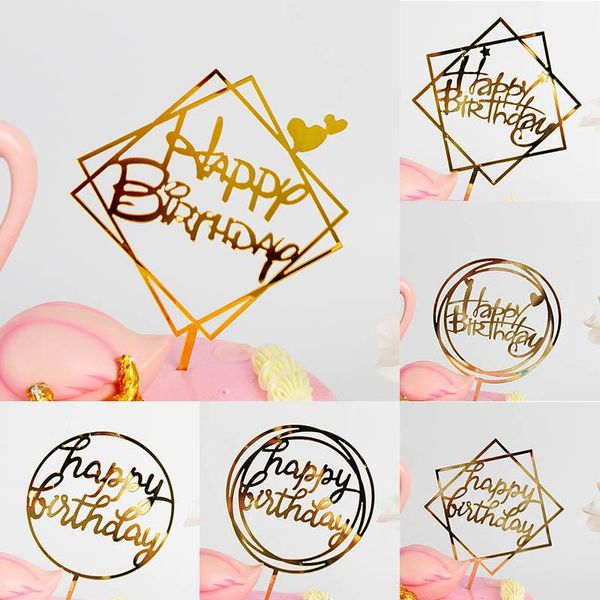 

1pcs gold cake er card acrylic happy birthday dessert flag glitter decoration other festive & party supplies