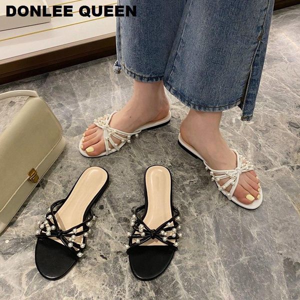 

slippers fashion pearl women slip on casual flat slides brand narrow band sandal shoes beach flip flops zapatillas mujer, Black