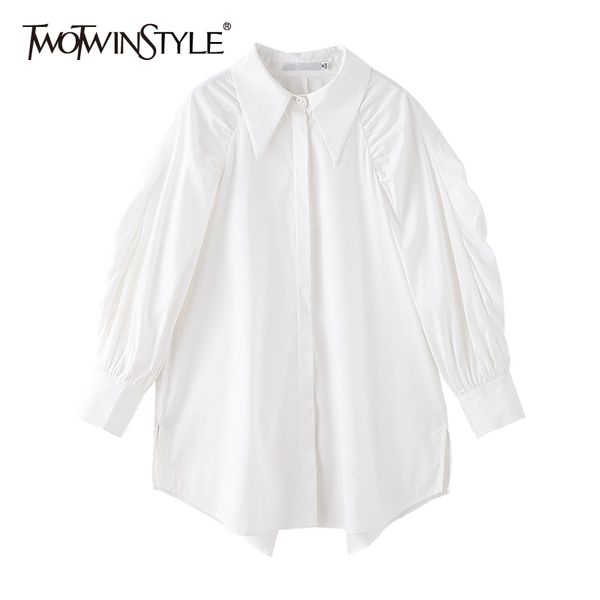 

casual solid ruched shirt for women lapel long sleeve minimalist basic loose blouse female fashion new spring tide 210428, White