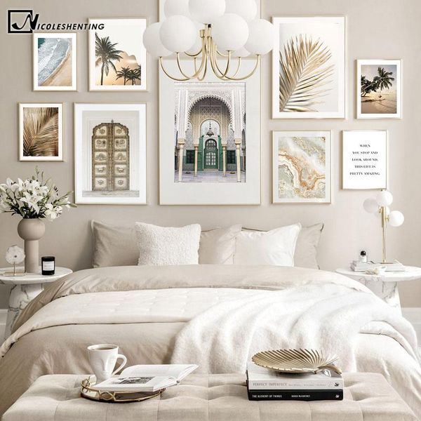 

paintings morocco old architecture vintage painting golden palm leaf canvas poster sunset landscape print wall art decoration picture
