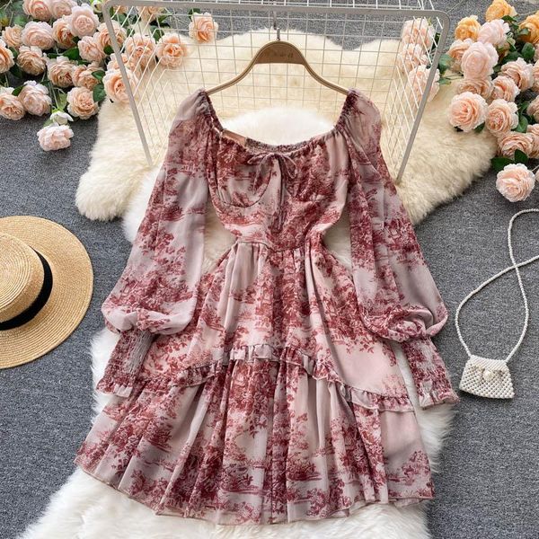 

casual dresses singreiny women retro print dress korean style fashion long sleeve a-line chiffon 2021 autumn vacation short, Black;gray