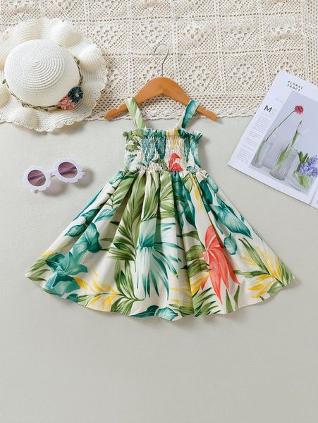 

toddler girls tropical print shirred frill trim cami dress she, Red;yellow