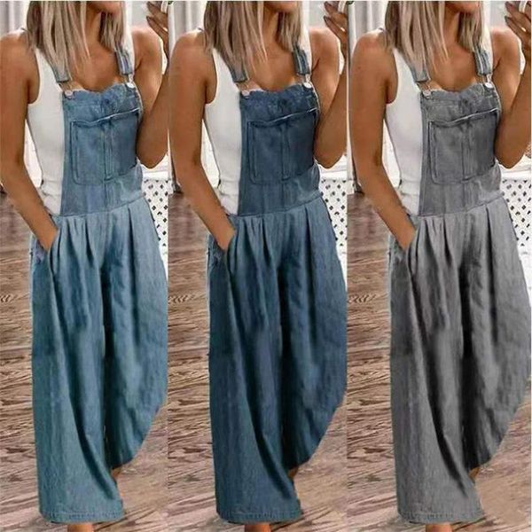 

women's jeans women denim jumpsuit summer thin mid waist washed wide-leg pants women's overall, Blue