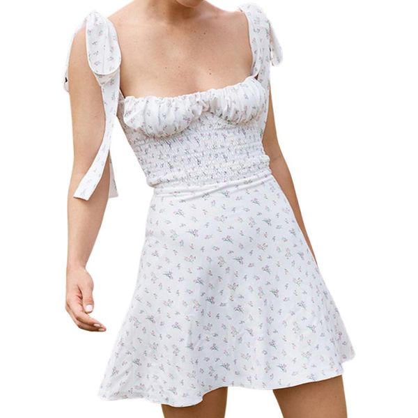 

casual dresses women tie-up a-line dress summer beach boho adults smocked floral print boat neck short ladies sundress, Black;gray