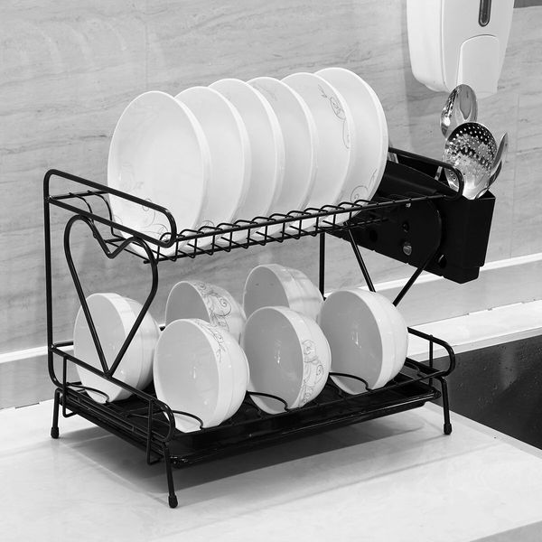 2 camadas prato secar rack de prato de aço inoxidável com suporte de titular de utensílio e drenagem de prato para armazenamento organizador de cozinha