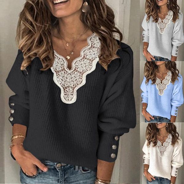 

women's sweaters women lace solid color v neck for autumn winter, White;black