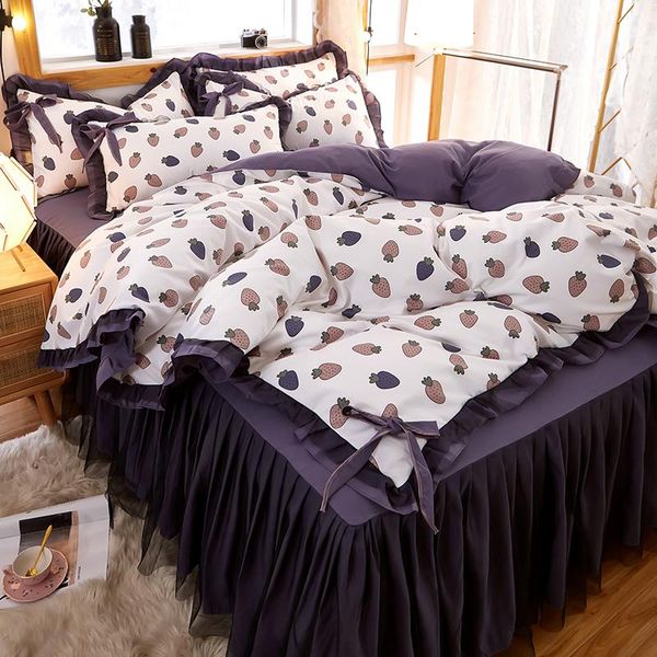 

purple bedding sets full  king bedspread wedding princess duvet cover set pillowcase girls lace bed skirt luxury bedclothes