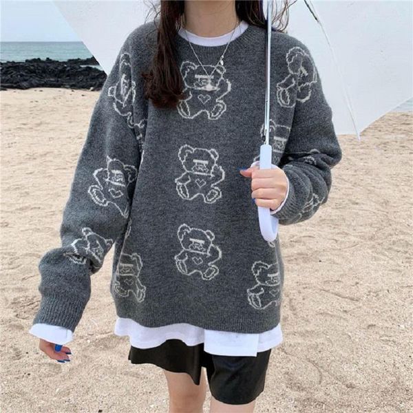 

women's sweaters korean ulzzang female winter kawaii bear sweater cartoon cute harajuku plus size loose fun punk vintage women, White;black