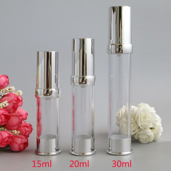 

15ml 20ml 30ml empty silver vacuum refillable lotion bottles airless pump sample bottle makeup tools for travel set 10pcs/lot storage & jars