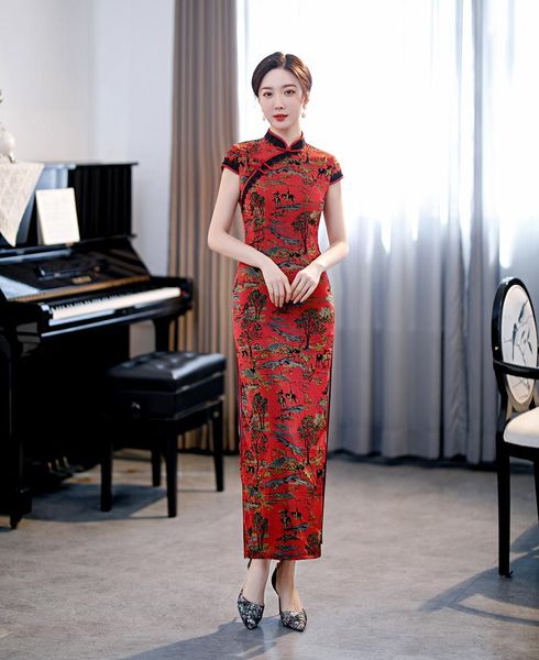 

chinese style women elegant short sleeve red print qipao vestidos party gown high split long cheongsam ethnic clothing