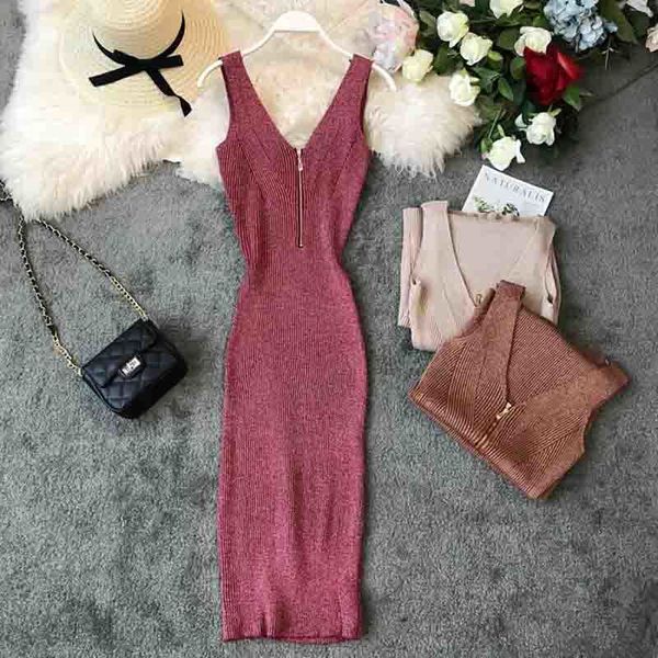 

women tank dress fashion summer v-neck zipper knitted midi dress ladies sleeveless casual party bodycon vestidos 210521, Black;gray