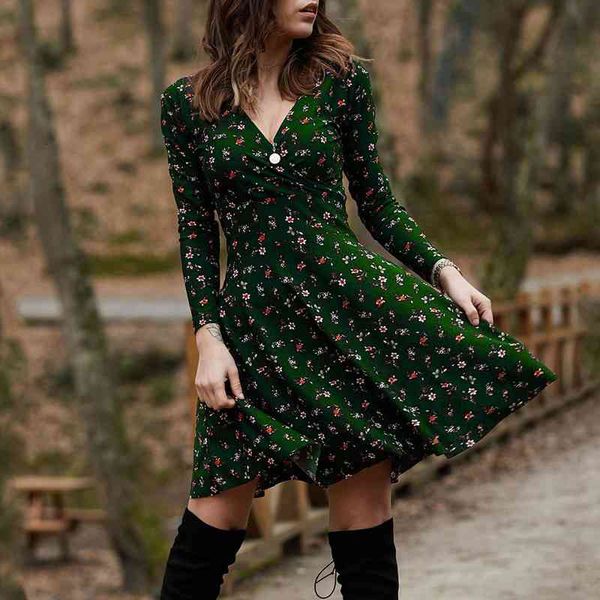

elegant vintage floral print women dress swing midi retro high waist draped long sleeve femal dresses party dating, Black;gray